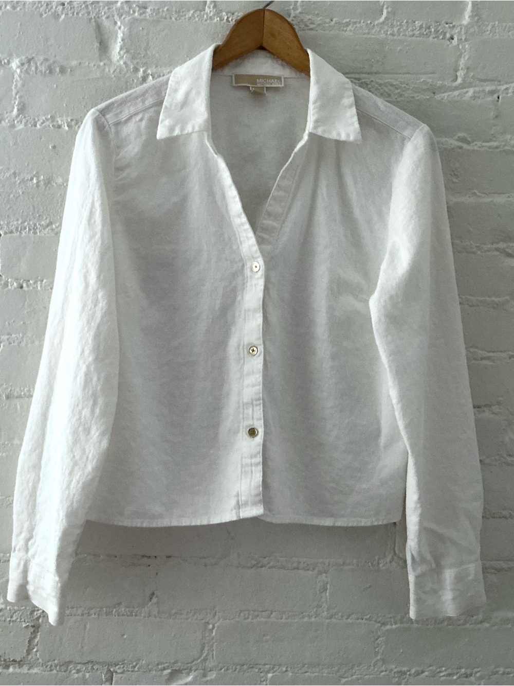 Michael Kors White Long Sleeve Button Down Shirt Linen Blend Minimalist Staple M